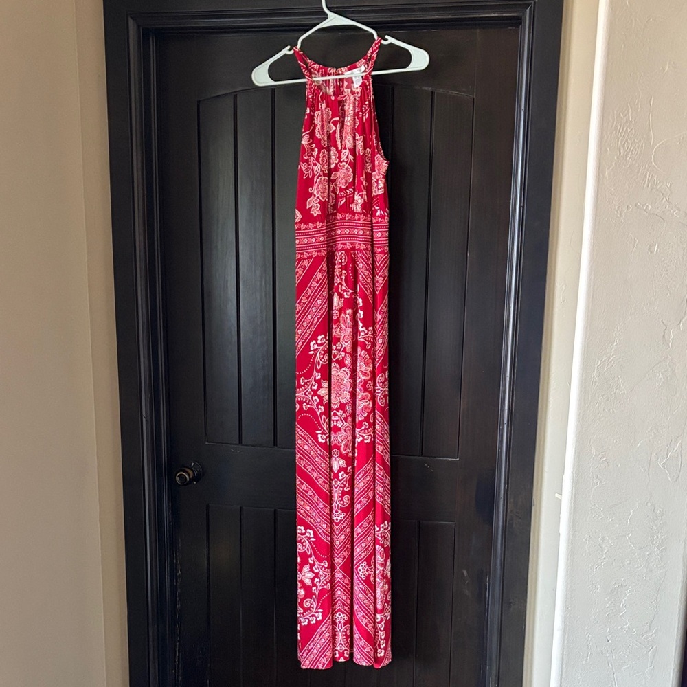 London Times Red and White Halter Maxi Dress